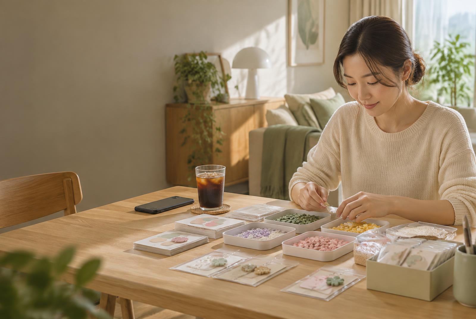 밝은 집 안 원목 테이블에서 문구 부품을 분류하는 모습